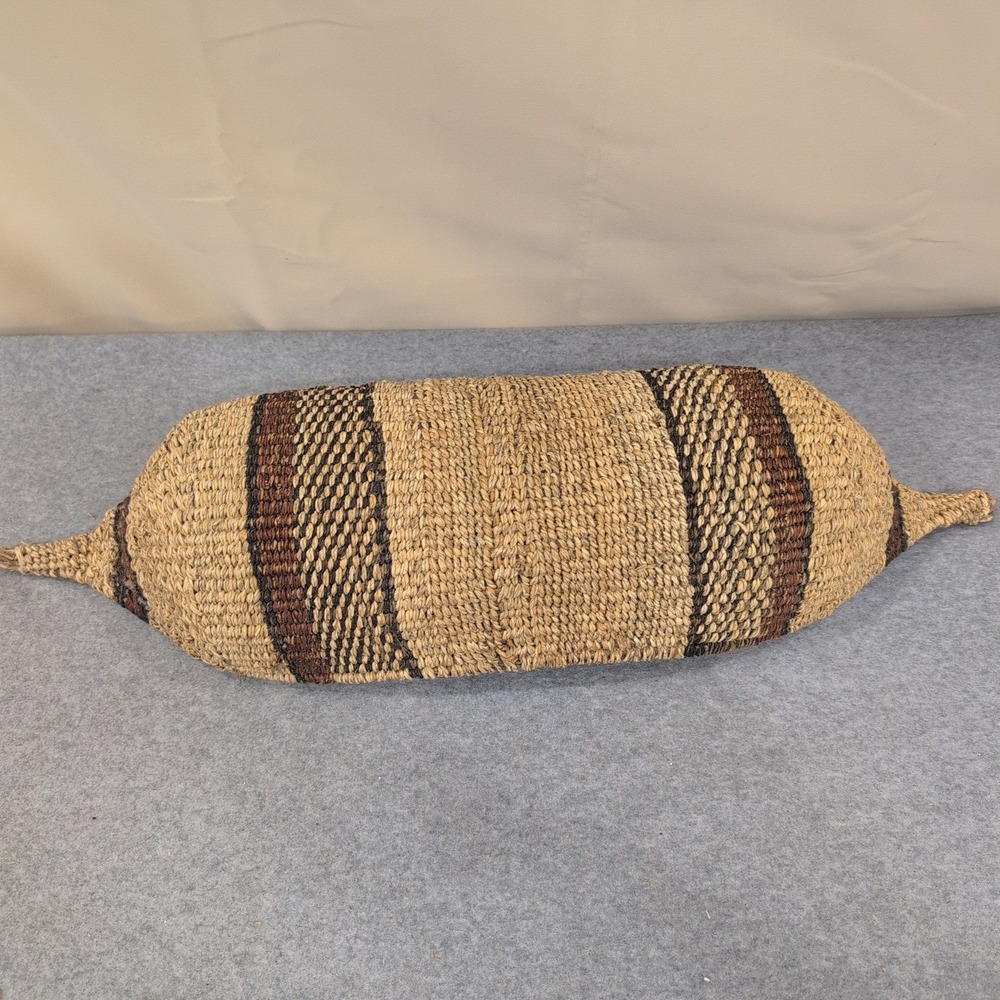 Ethiopian Handwoven Basket Boat Shaped Natural Fiber Striped Brown Tan - Picture 7 of 10